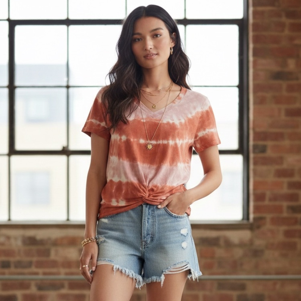 Lucky Brand Coral Tie Dye Twist Front Tee • Boho V-Neck Top Coastal Hippie M